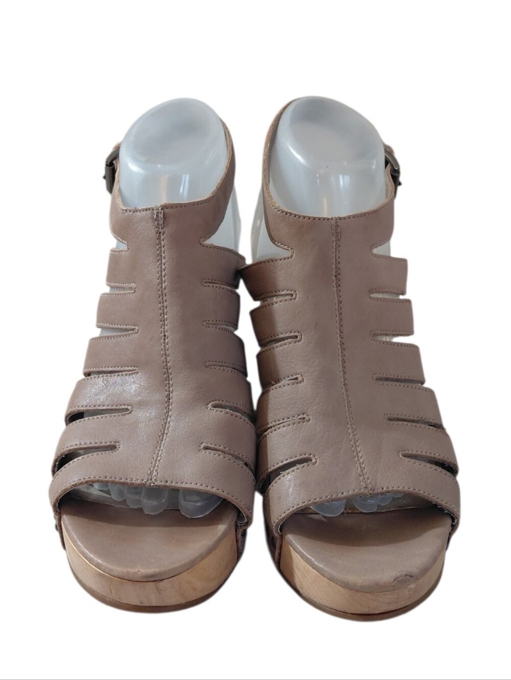 Eileen Fisher Taupe Strappy Cut Out Wood Wedge Sandals Size 8 - Picture 2 of 14